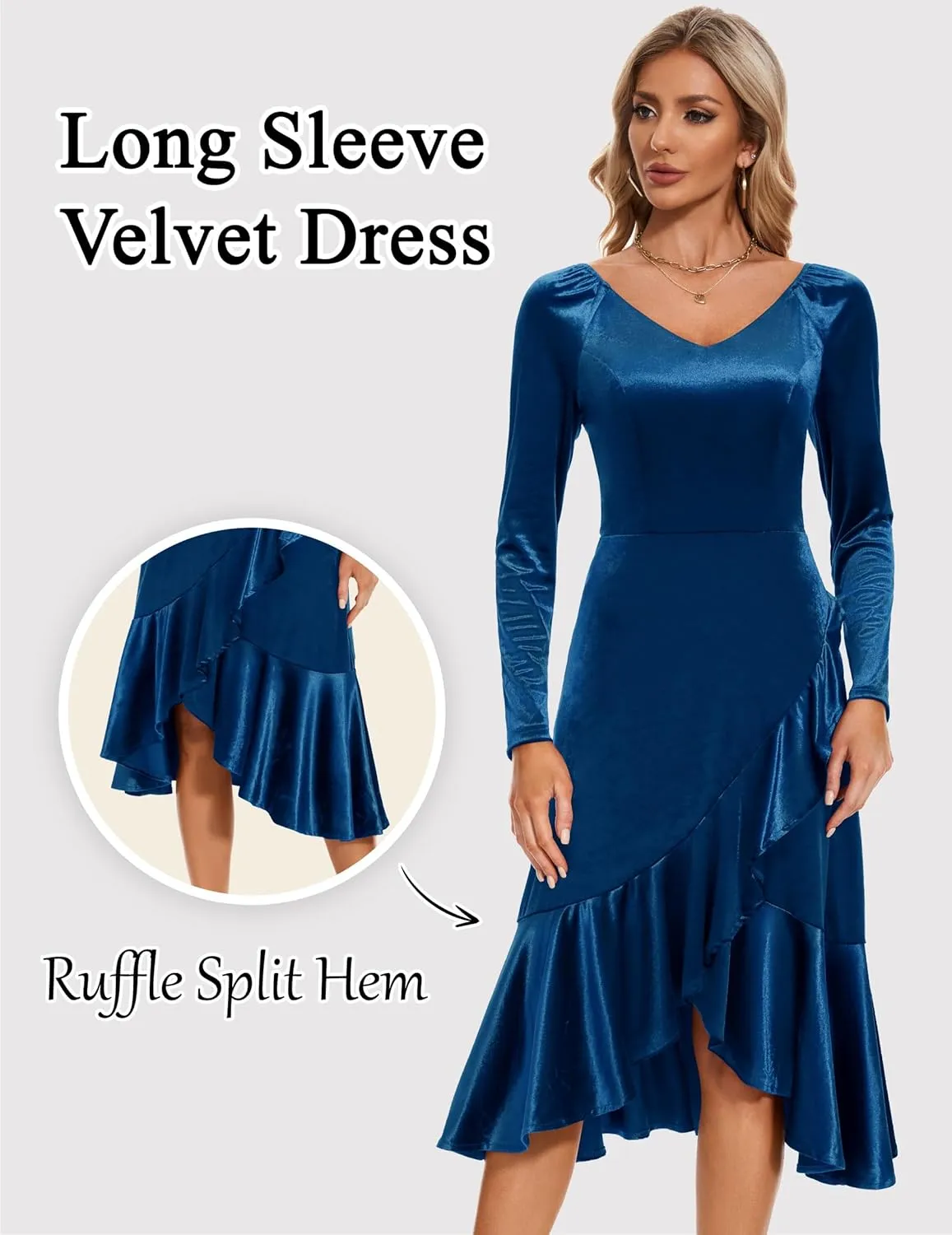 Wedtrend Women's Velvet Dress Long Sleeve Wedding Guest Dress Bodycon Slit Cocktail Party Dress