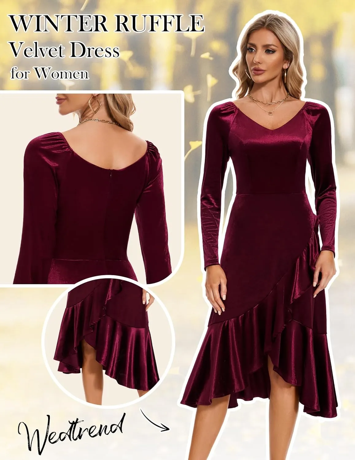 Wedtrend Women's Velvet Dress Long Sleeve Wedding Guest Dress Bodycon Slit Cocktail Party Dress