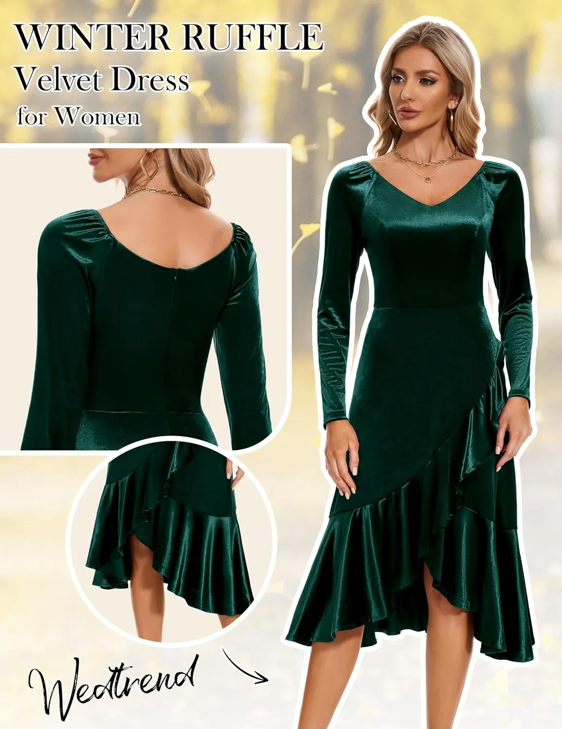 Wedtrend Women's Velvet Dress Long Sleeve Wedding Guest Dress Bodycon Slit Cocktail Party Dress
