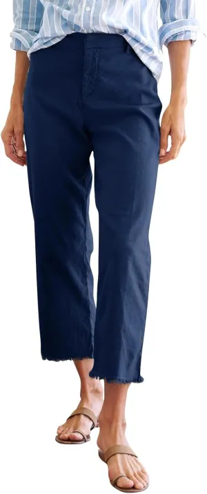 Wide Leg Dress Pants for Women Frayed Hem Elastic High Waisted Linen Pants Casual Summer Cropped Pants with Pockets