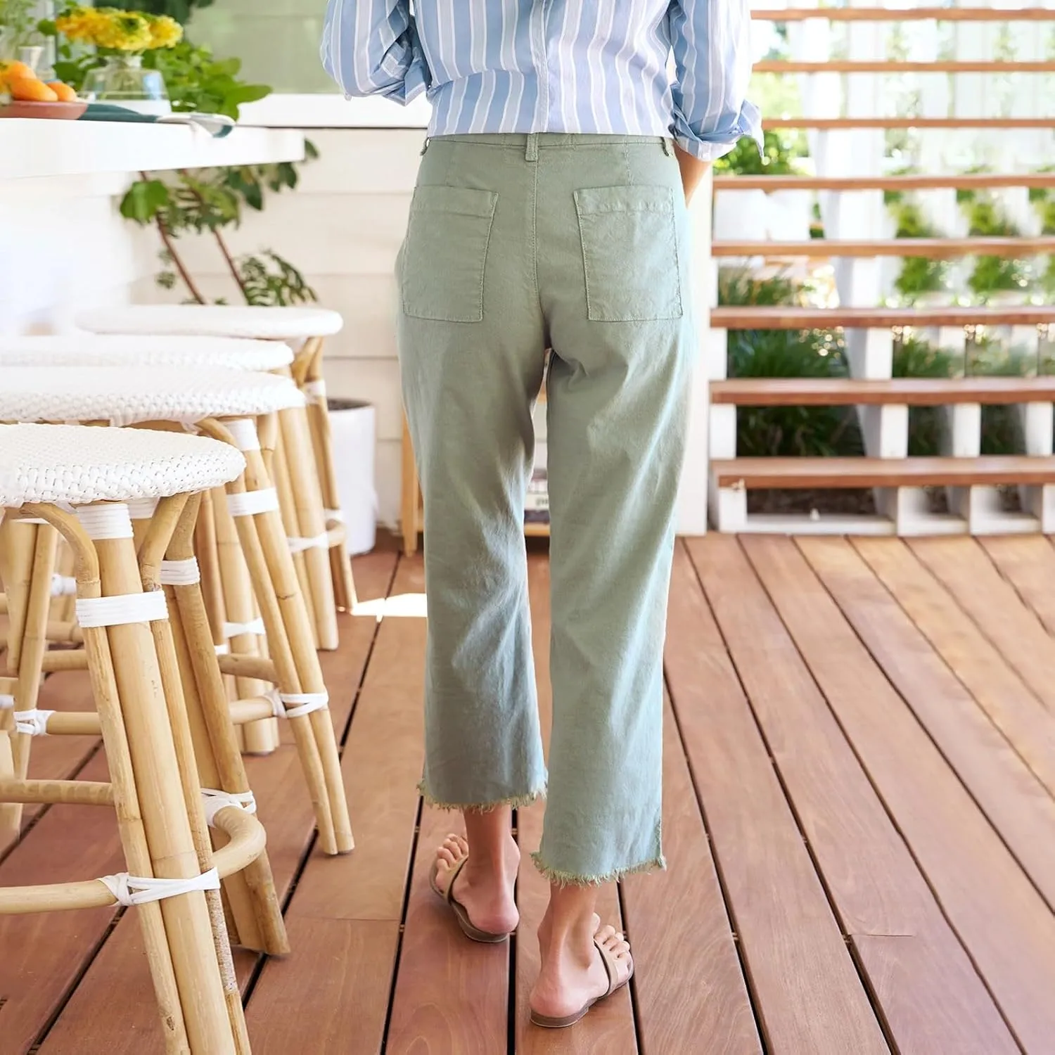 Wide Leg Dress Pants for Women Frayed Hem Elastic High Waisted Linen Pants Casual Summer Cropped Pants with Pockets