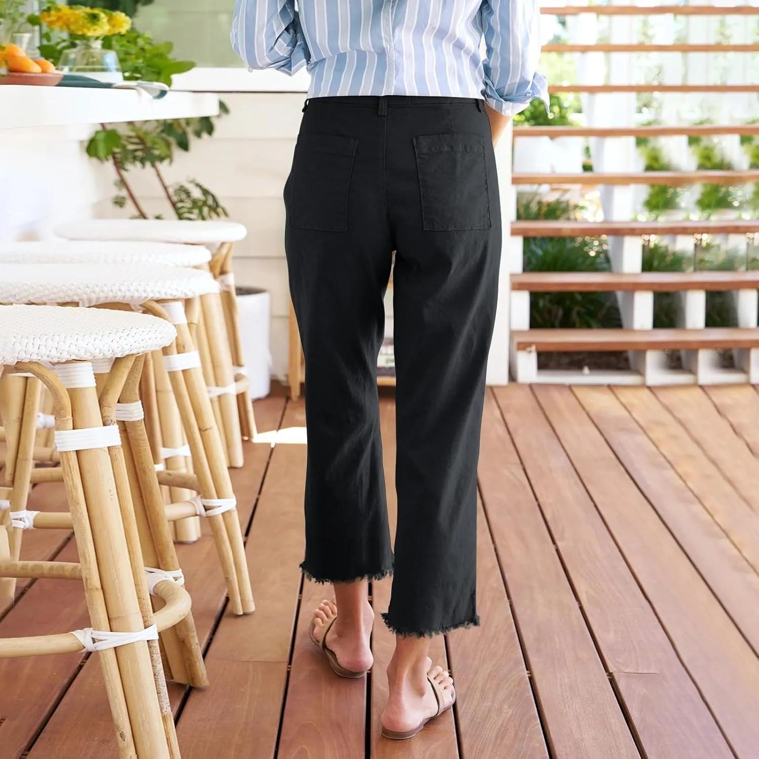 Wide Leg Dress Pants for Women Frayed Hem Elastic High Waisted Linen Pants Casual Summer Cropped Pants with Pockets