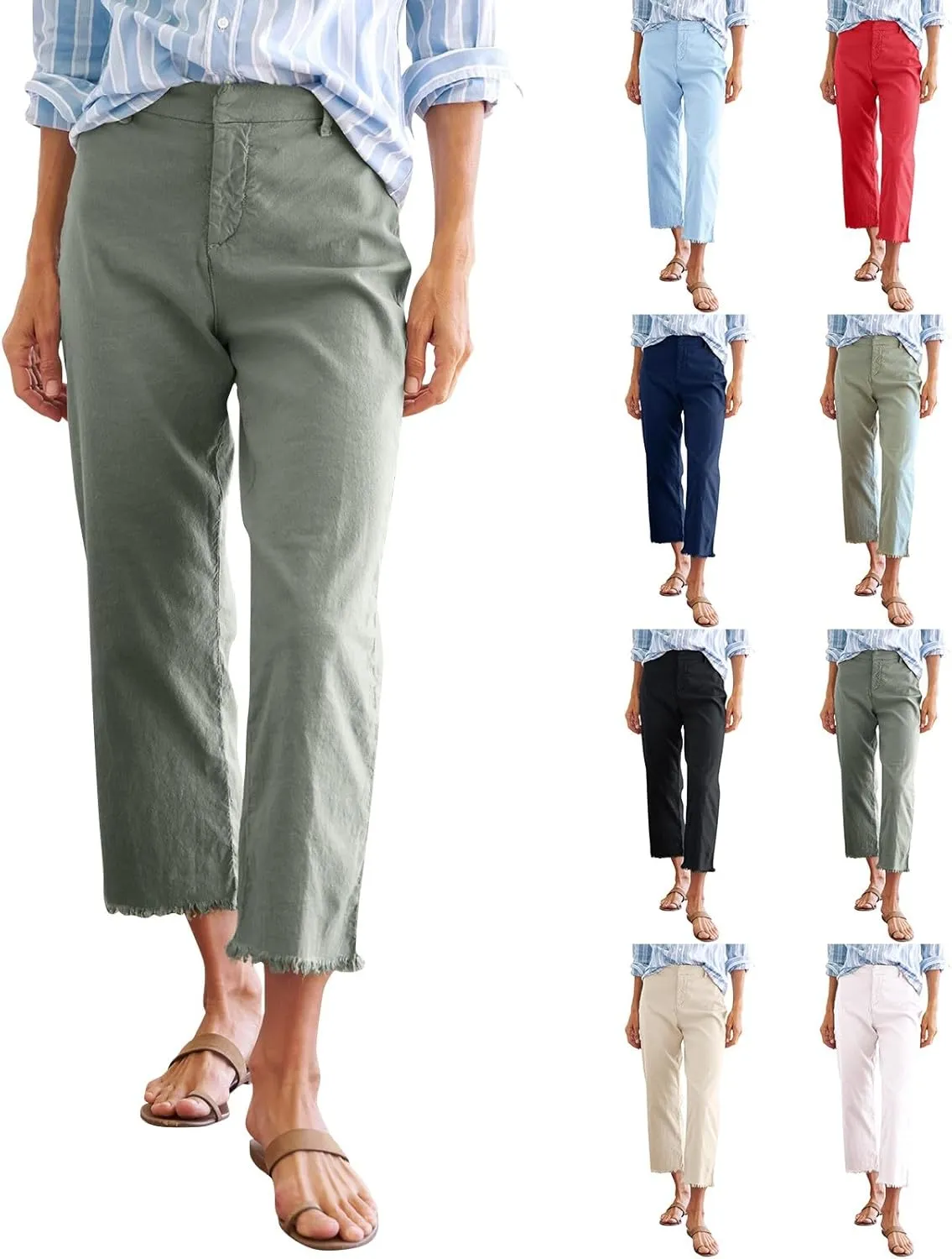 Wide Leg Dress Pants for Women Frayed Hem Elastic High Waisted Linen Pants Casual Summer Cropped Pants with Pockets