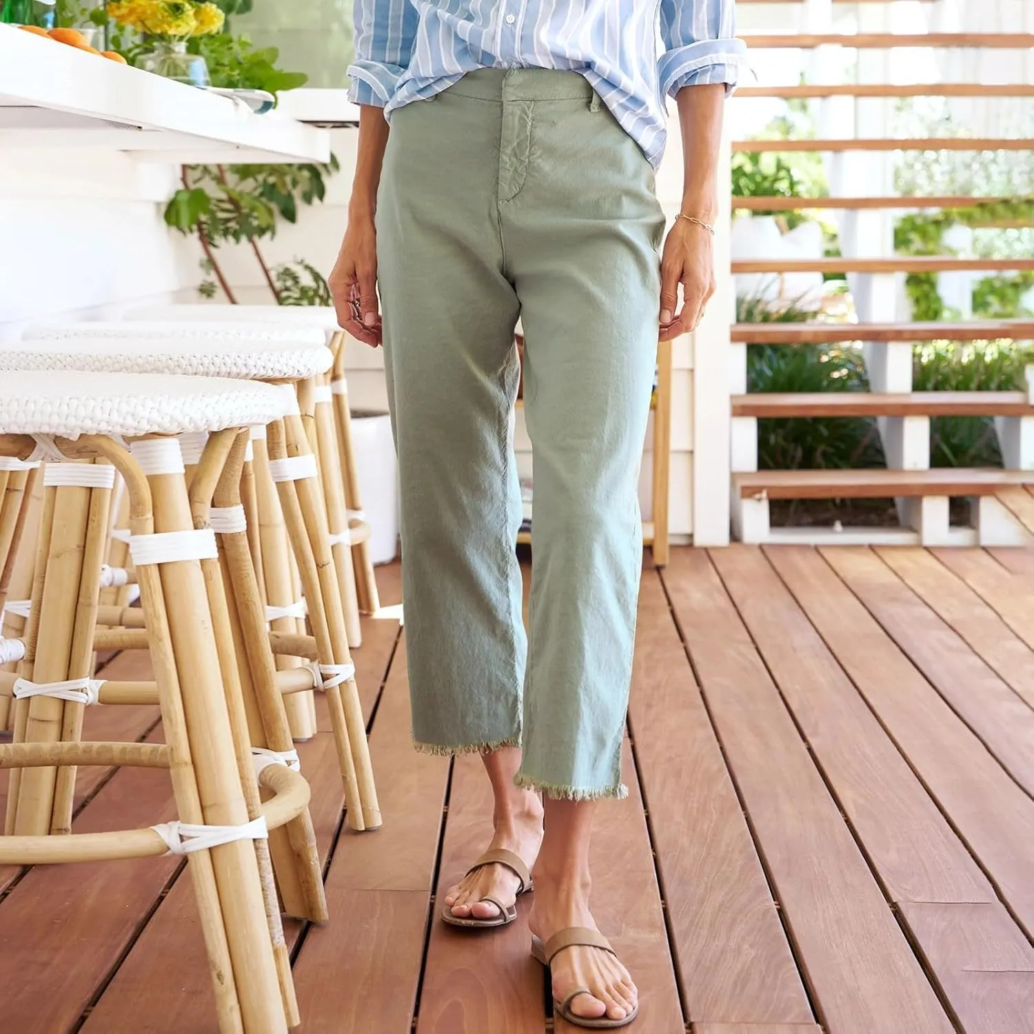 Wide Leg Dress Pants for Women Frayed Hem Elastic High Waisted Linen Pants Casual Summer Cropped Pants with Pockets