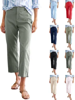 Wide Leg Dress Pants for Women Frayed Hem Elastic High Waisted Linen Pants Casual Summer Cropped Pants with Pockets