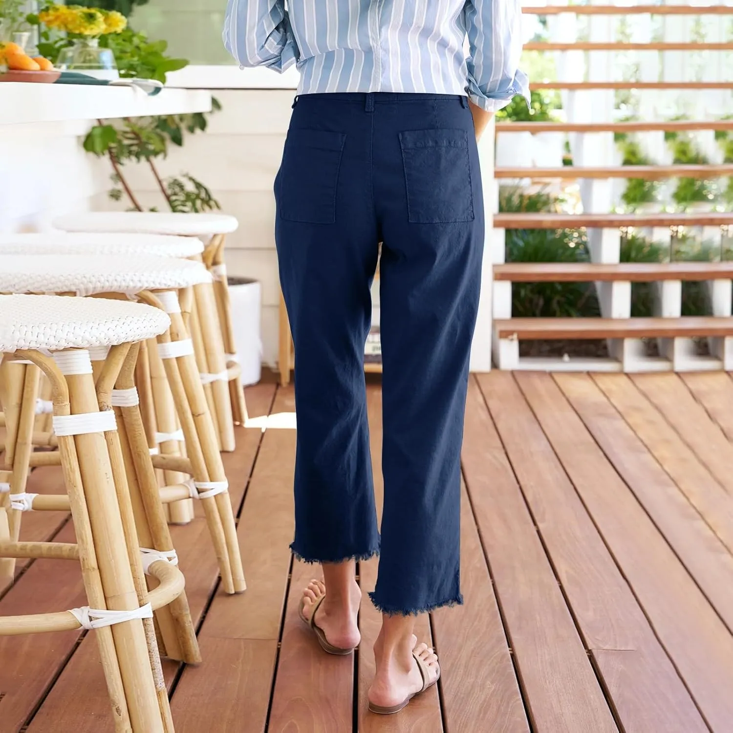 Wide Leg Dress Pants for Women Frayed Hem Elastic High Waisted Linen Pants Casual Summer Cropped Pants with Pockets