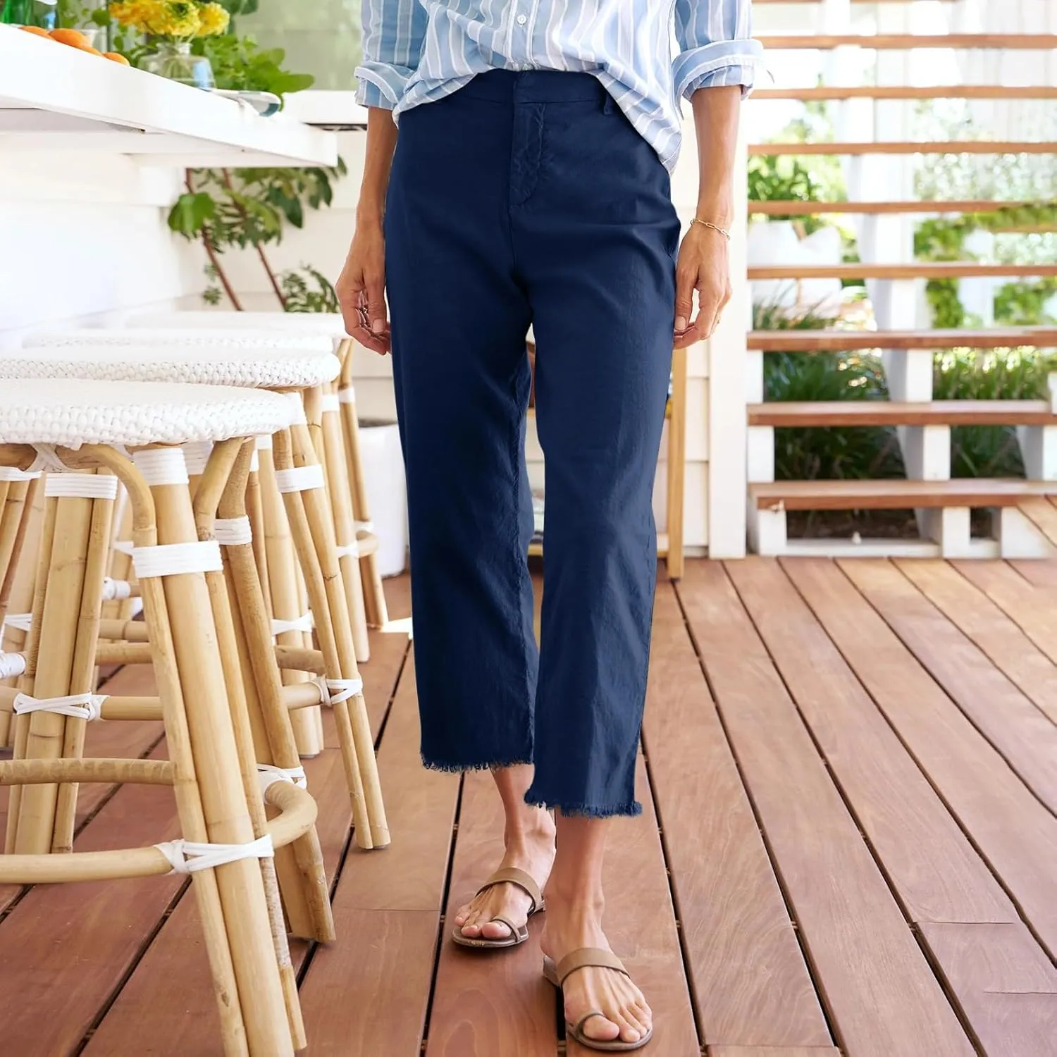 Wide Leg Dress Pants for Women Frayed Hem Elastic High Waisted Linen Pants Casual Summer Cropped Pants with Pockets