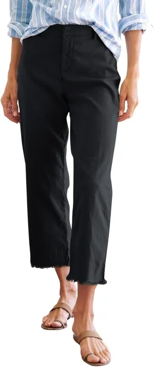 Wide Leg Dress Pants for Women Frayed Hem Elastic High Waisted Linen Pants Casual Summer Cropped Pants with Pockets