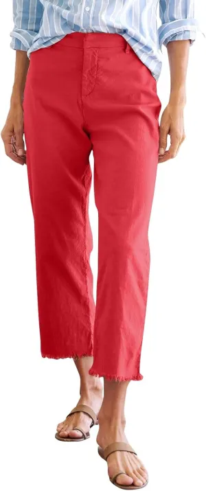 Wide Leg Dress Pants for Women Frayed Hem Elastic High Waisted Linen Pants Casual Summer Cropped Pants with Pockets