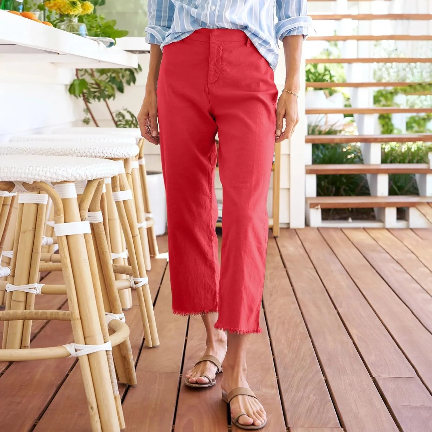 Wide Leg Dress Pants for Women Frayed Hem Elastic High Waisted Linen Pants Casual Summer Cropped Pants with Pockets