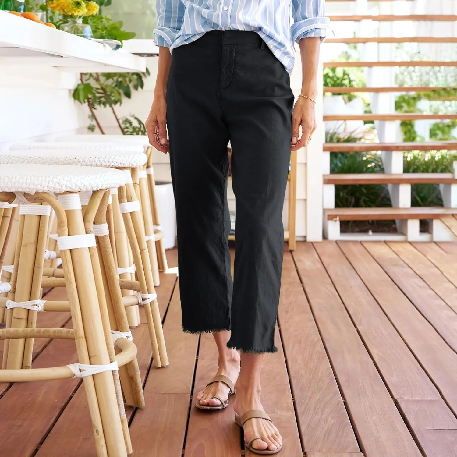 Wide Leg Dress Pants for Women Frayed Hem Elastic High Waisted Linen Pants Casual Summer Cropped Pants with Pockets