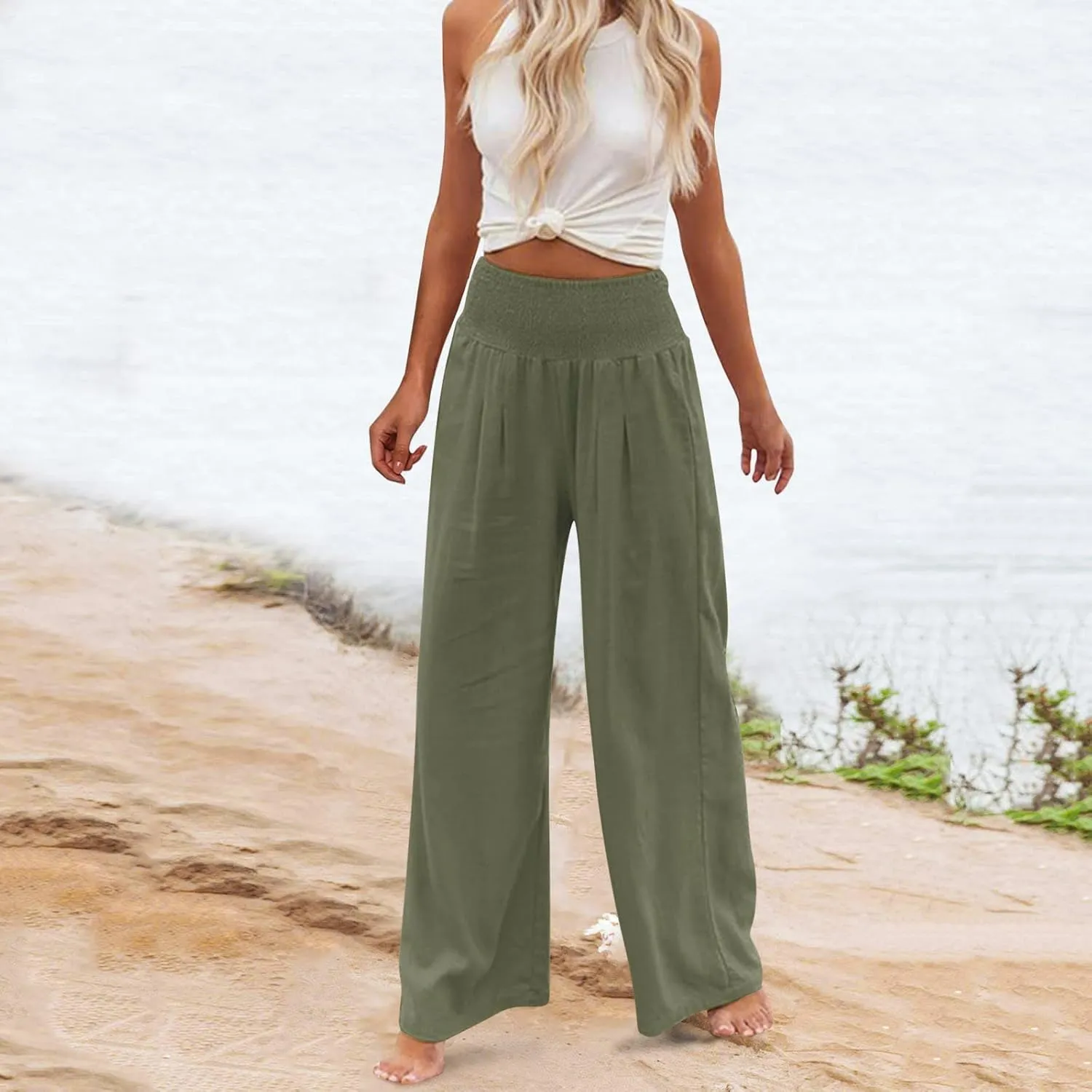 Wide Leg Linen Pants for Women Beach Summer Casual Elastic High Waist Loose Comfy Trousers Trendy Palazzo Pants with Pockets