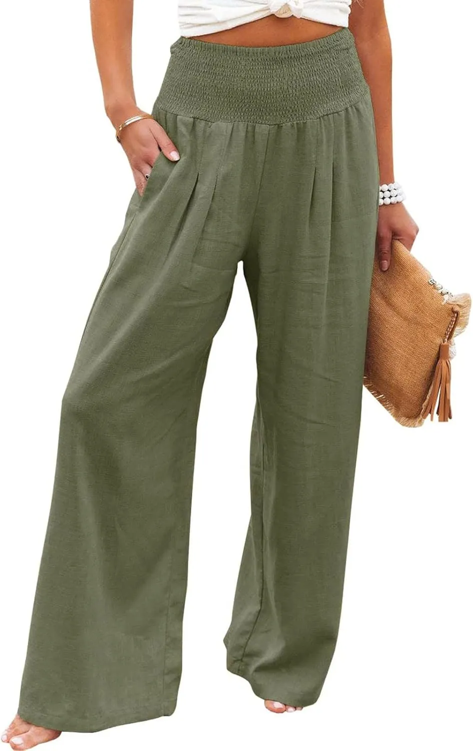 Wide Leg Linen Pants for Women Beach Summer Casual Elastic High Waist Loose Comfy Trousers Trendy Palazzo Pants with Pockets