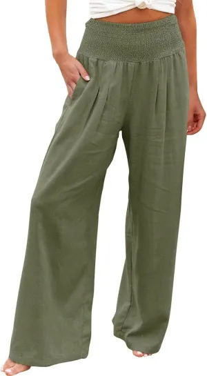 Wide Leg Linen Pants for Women Beach Summer Casual Elastic High Waist Loose Comfy Trousers Trendy Palazzo Pants with Pockets