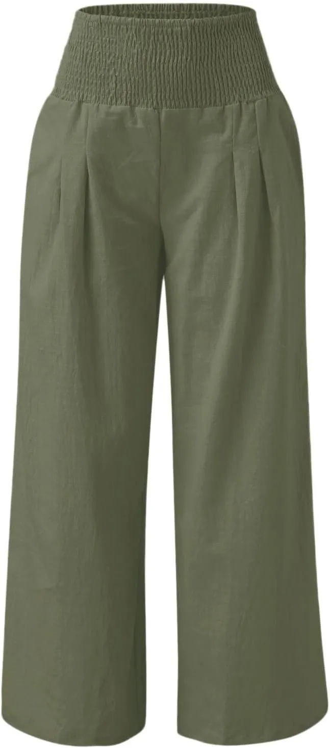 Wide Leg Linen Pants for Women Beach Summer Casual Elastic High Waist Loose Comfy Trousers Trendy Palazzo Pants with Pockets