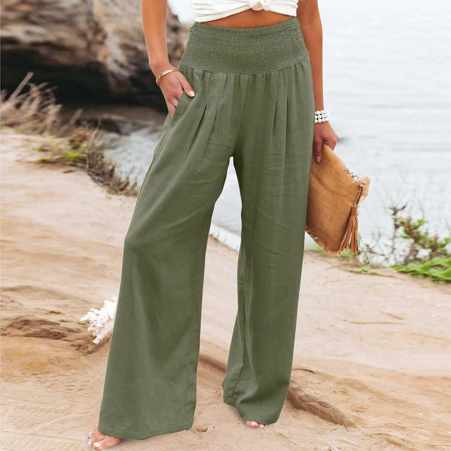 Wide Leg Linen Pants for Women Beach Summer Casual Elastic High Waist Loose Comfy Trousers Trendy Palazzo Pants with Pockets