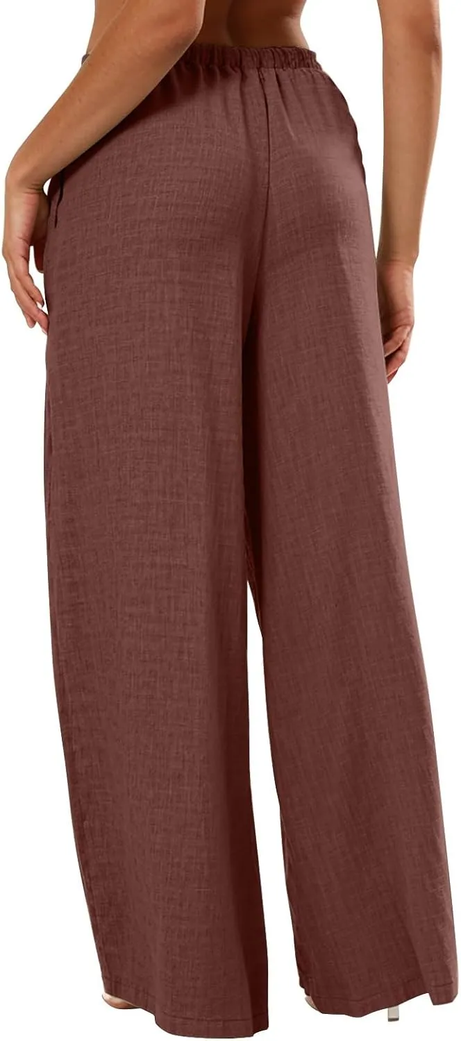 Wide Leg Linen Pants for Women Summer High Waisted Palazzo Pants Flowy Trendy Trousers with Pockets