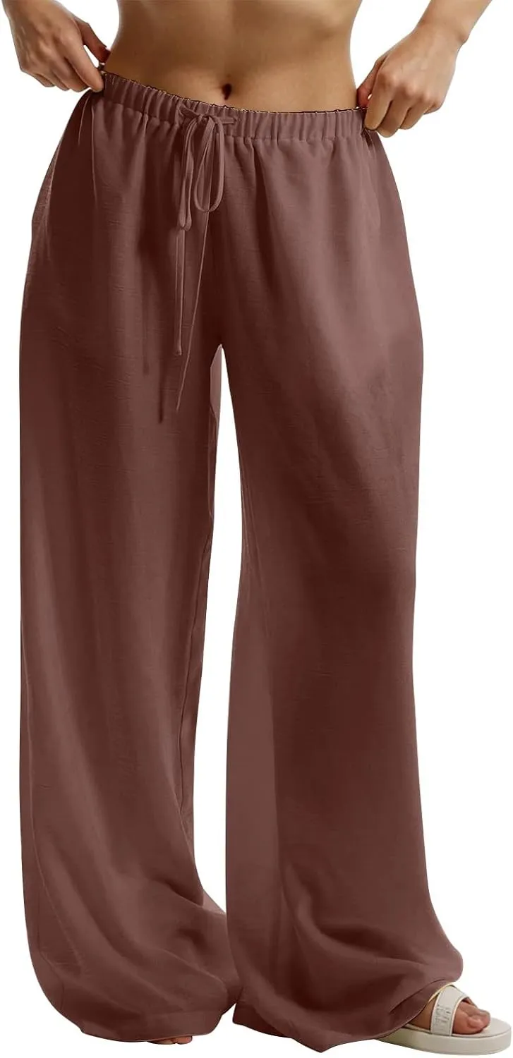 Wide Leg Linen Pants for Women Summer High Waisted Palazzo Pants Flowy Trendy Trousers with Pockets