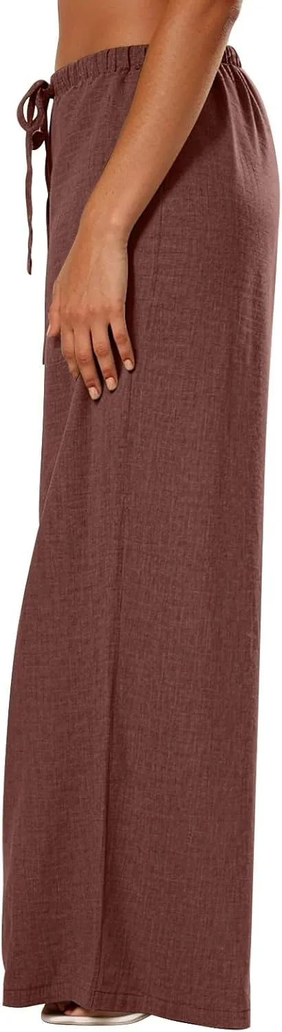Wide Leg Linen Pants for Women Summer High Waisted Palazzo Pants Flowy Trendy Trousers with Pockets