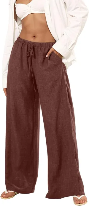 Wide Leg Linen Pants for Women Summer High Waisted Palazzo Pants Flowy Trendy Trousers with Pockets