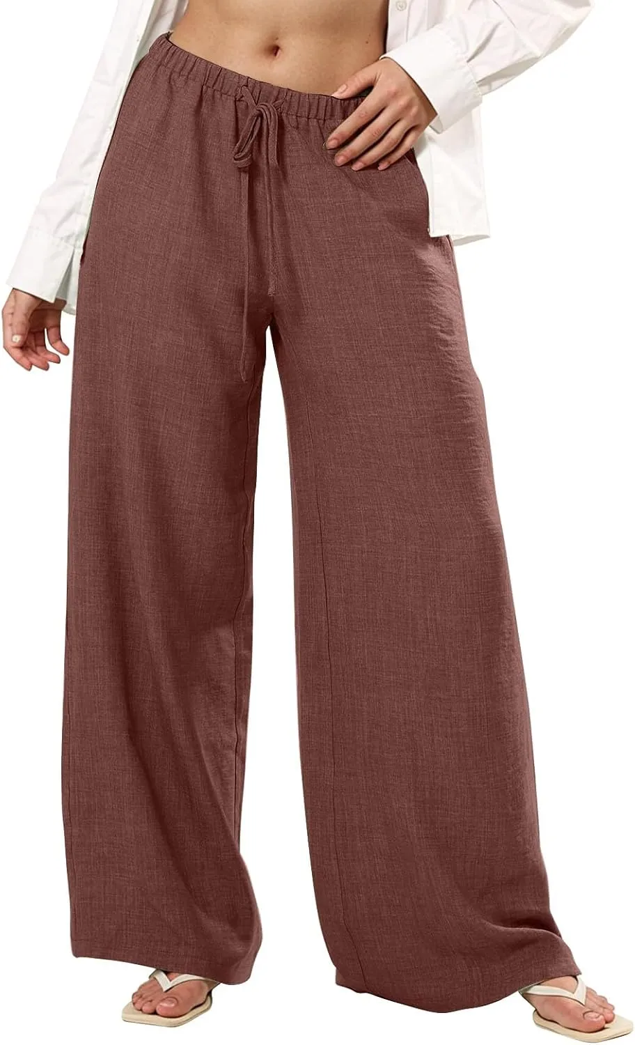 Wide Leg Linen Pants for Women Summer High Waisted Palazzo Pants Flowy Trendy Trousers with Pockets