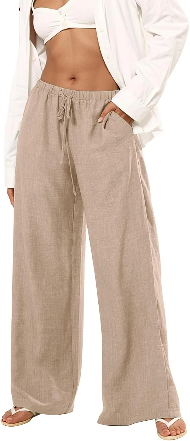 Wide Leg Linen Pants Women Summer Flowy High Waisted Palazzo Beach Pants Trendy Trousers with Pockets
