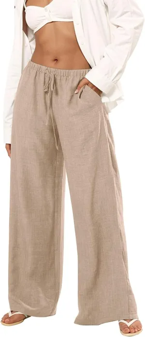 Wide Leg Linen Pants Women Summer Flowy High Waisted Palazzo Beach Pants Trendy Trousers with Pockets