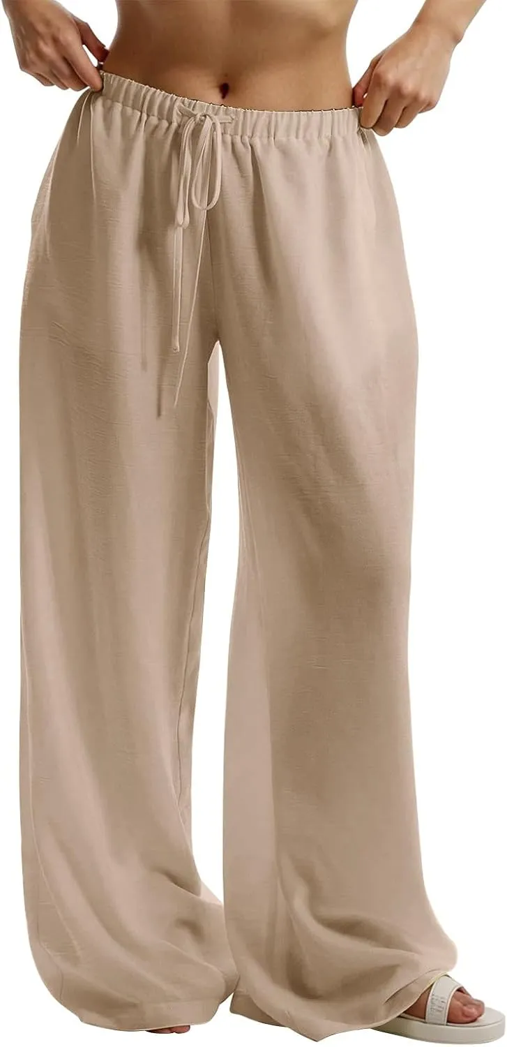 Wide Leg Linen Pants Women Summer Flowy High Waisted Palazzo Beach Pants Trendy Trousers with Pockets