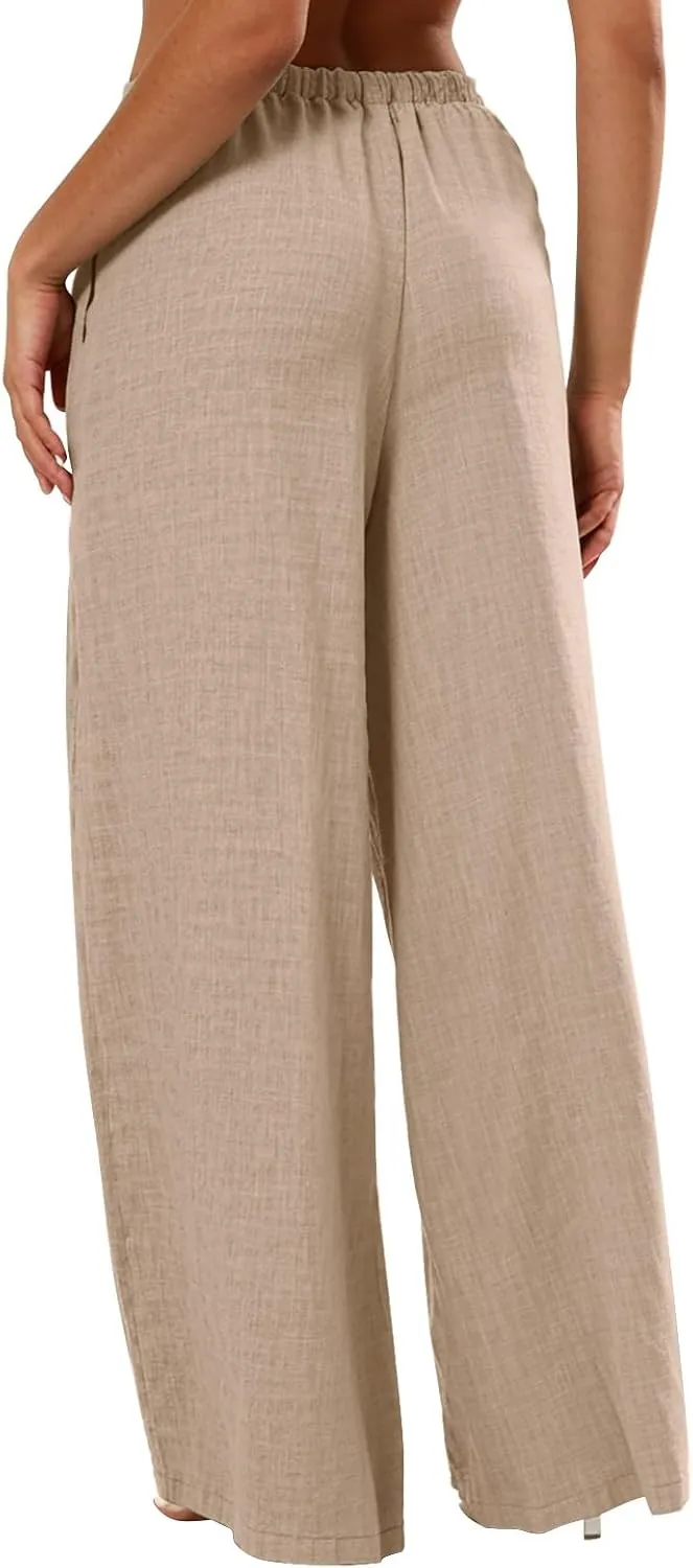 Wide Leg Linen Pants Women Summer Flowy High Waisted Palazzo Beach Pants Trendy Trousers with Pockets