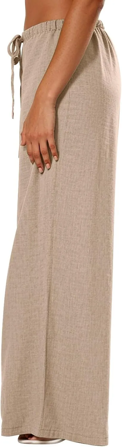 Wide Leg Linen Pants Women Summer Flowy High Waisted Palazzo Beach Pants Trendy Trousers with Pockets