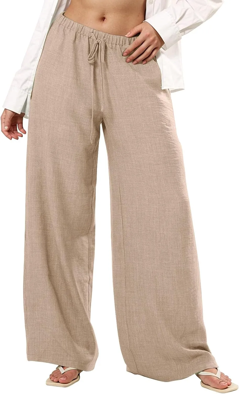 Wide Leg Linen Pants Women Summer Flowy High Waisted Palazzo Beach Pants Trendy Trousers with Pockets