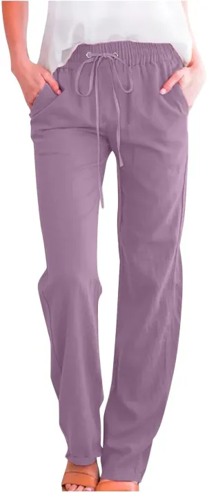 Wide Leg Pants Woman Cotton Linen Summer Pants Straight Leg Elastic Waist Trousers High Waisted Drawstring Pant 2025