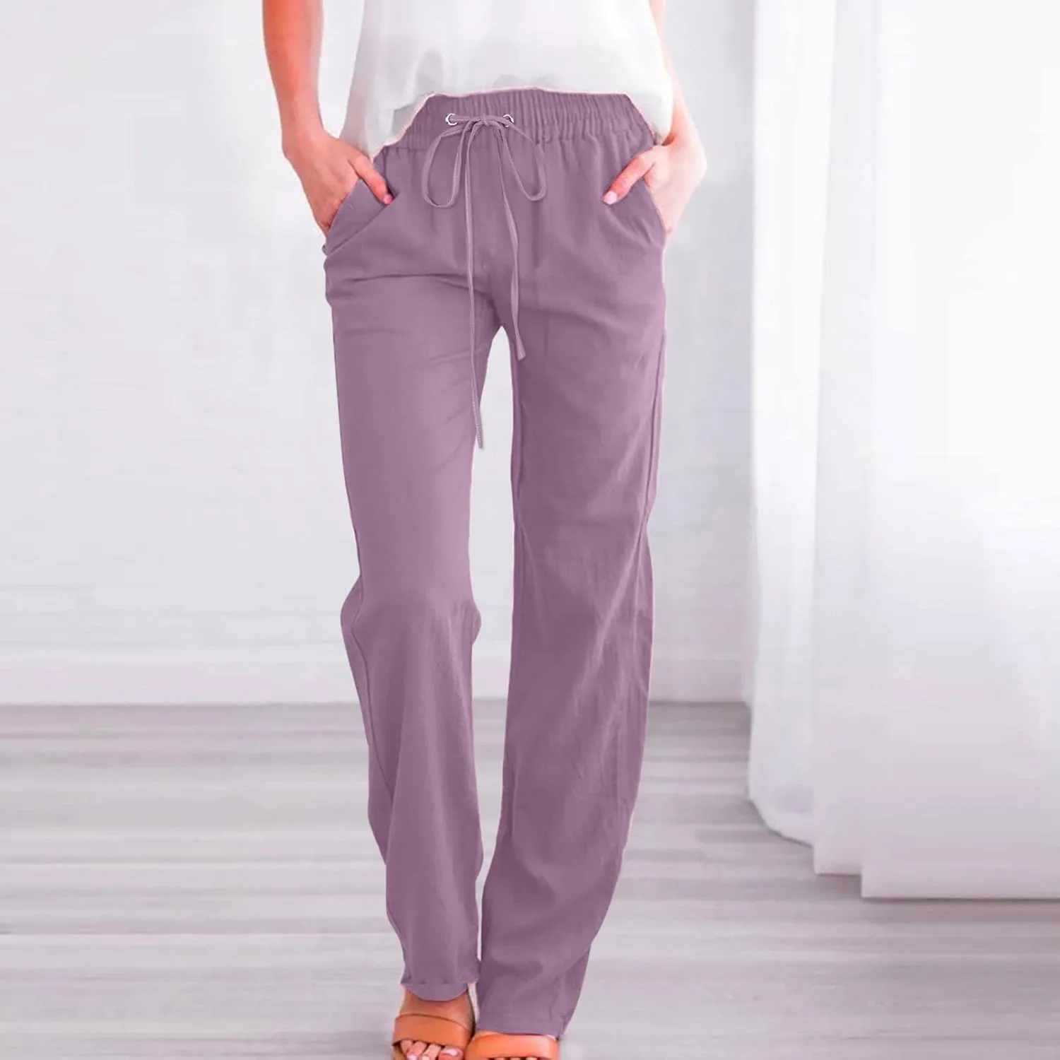 Wide Leg Pants Woman Cotton Linen Summer Pants Straight Leg Elastic Waist Trousers High Waisted Drawstring Pant 2025
