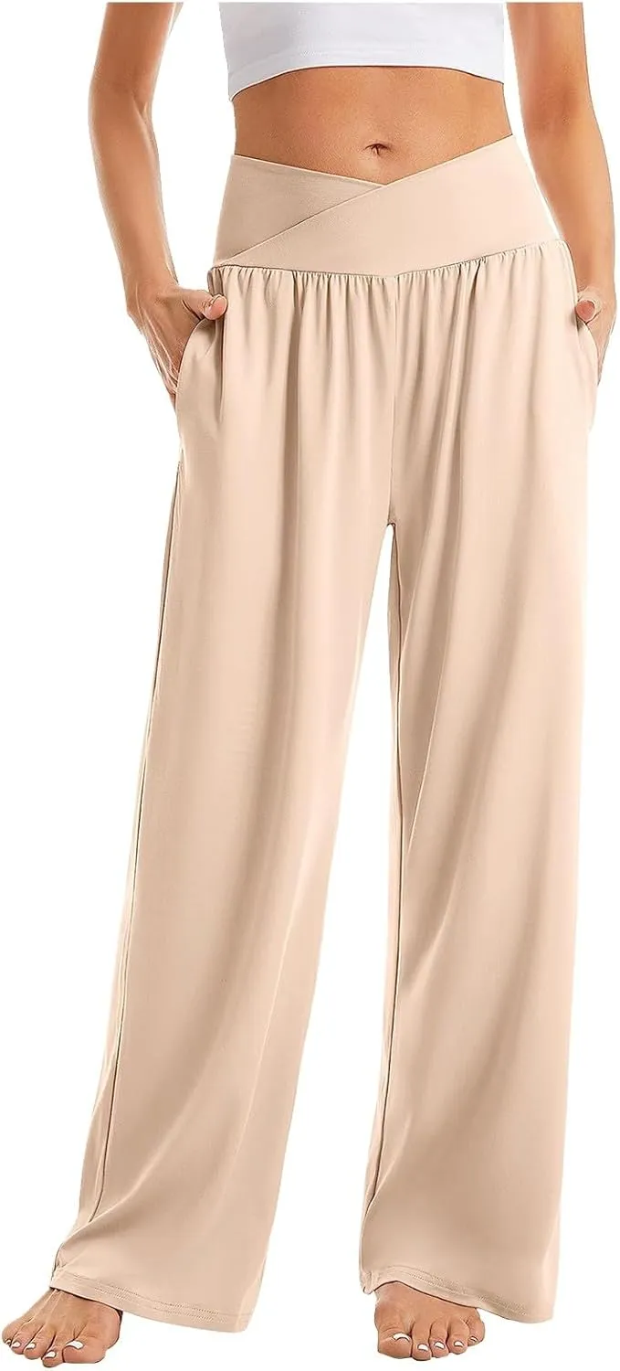 Wide Leg Yoga Pants for Women Crossover High Waisted Athletic Pants with Pockets Soft Straight Leg Lounge Pants