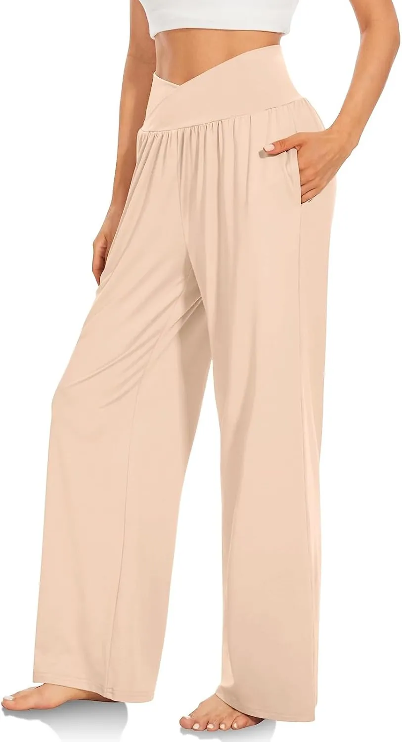 Wide Leg Yoga Pants for Women Crossover High Waisted Athletic Pants with Pockets Soft Straight Leg Lounge Pants