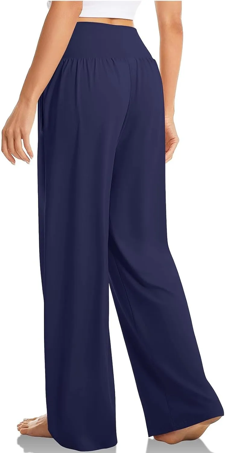 Wide Leg Yoga Pants for Women Crossover High Waisted Athletic Pants with Pockets Soft Straight Leg Lounge Pants