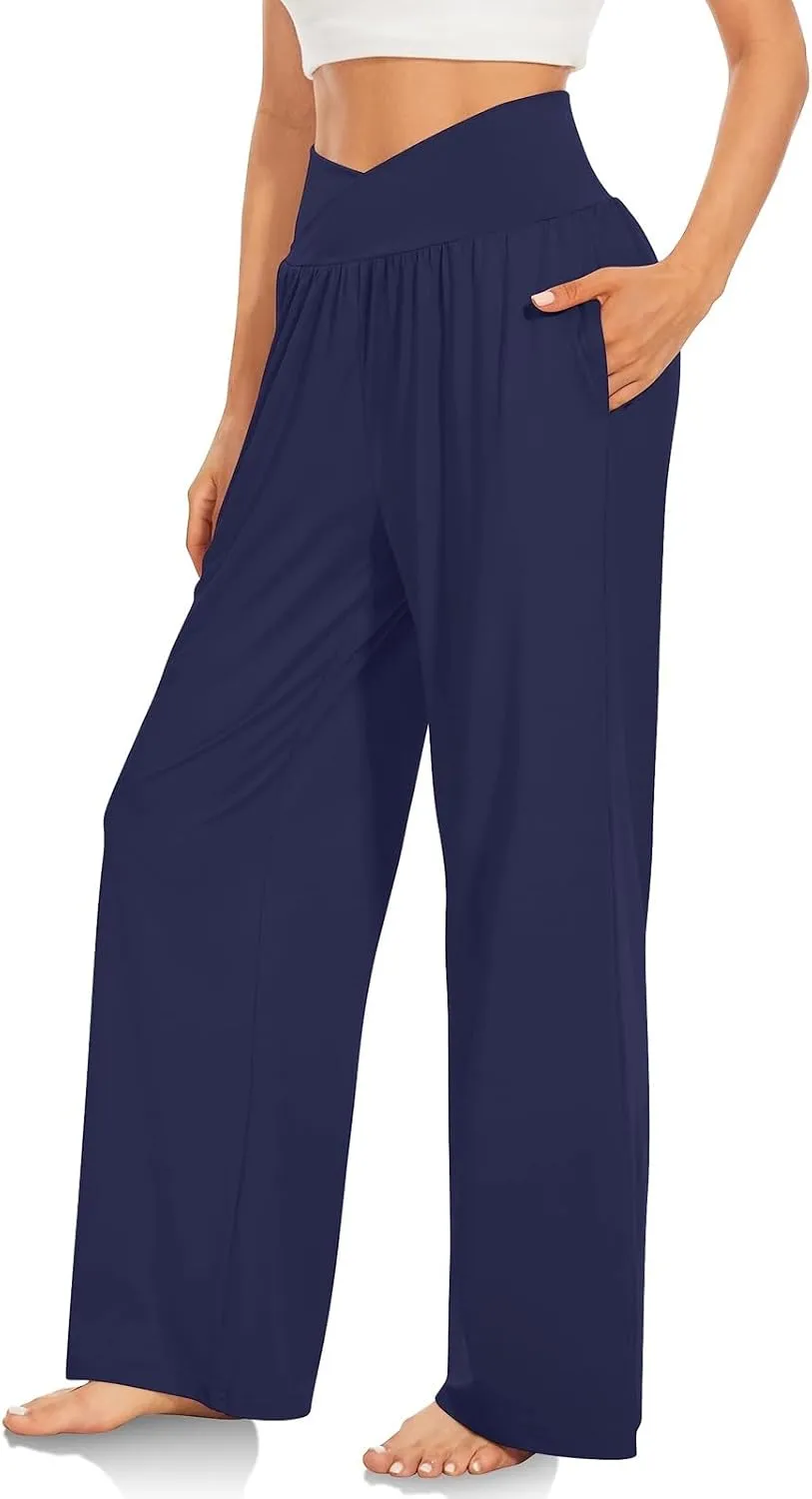 Wide Leg Yoga Pants for Women Crossover High Waisted Athletic Pants with Pockets Soft Straight Leg Lounge Pants
