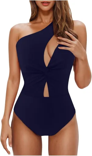 Wkishenl One Shoulder One Piece Swimsuit for Women Sexy Hollow Bathing Suits 2025 Solid Color Tummy Control Swimwear