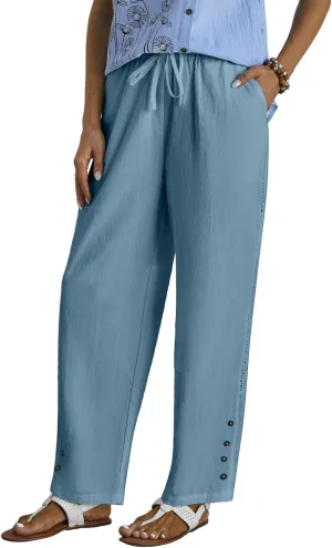 Women Casual Pants Linen Loose Fit Wide Leg Trousers Elastic High Waist Straight Leg Pants with Button Lace Decor