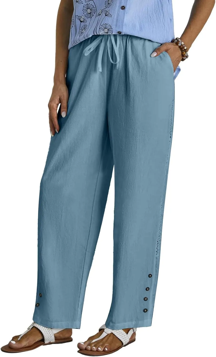 Women Casual Pants Linen Loose Fit Wide Leg Trousers Elastic High Waist Straight Leg Pants with Button Lace Decor
