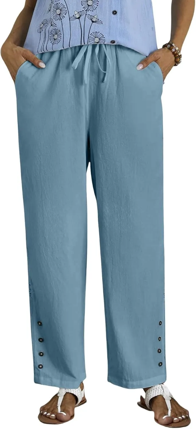 Women Casual Pants Linen Loose Fit Wide Leg Trousers Elastic High Waist Straight Leg Pants with Button Lace Decor