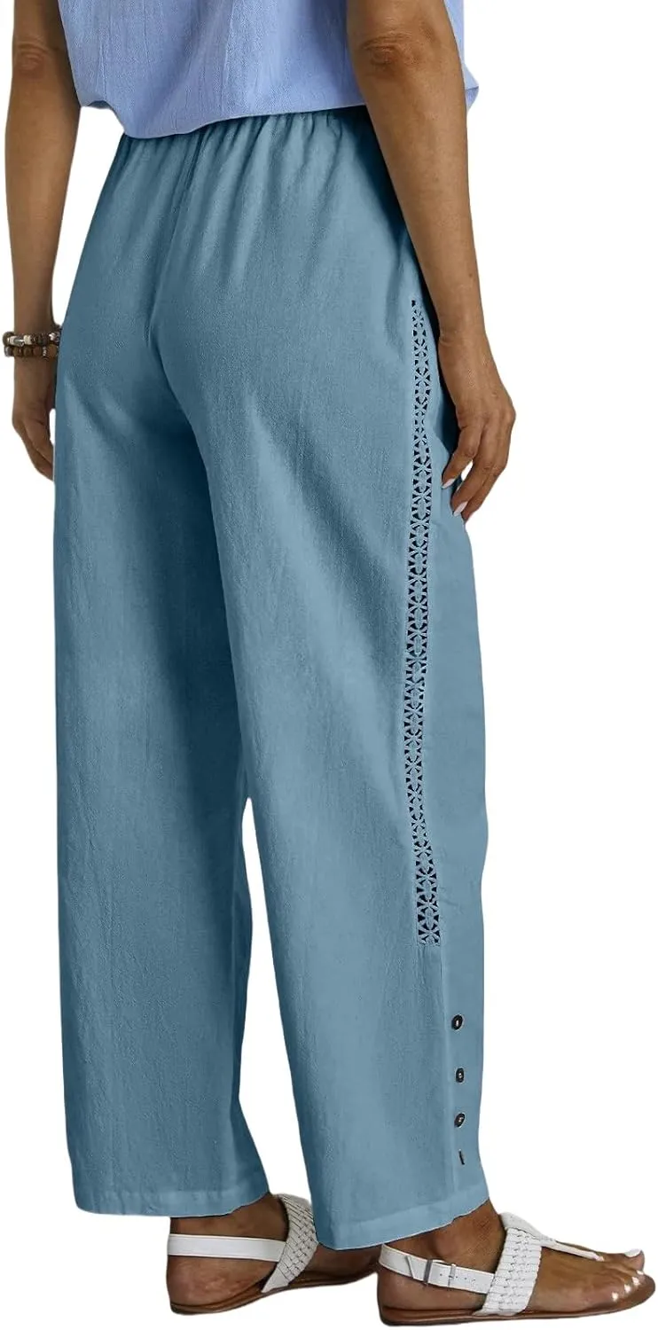 Women Casual Pants Linen Loose Fit Wide Leg Trousers Elastic High Waist Straight Leg Pants with Button Lace Decor