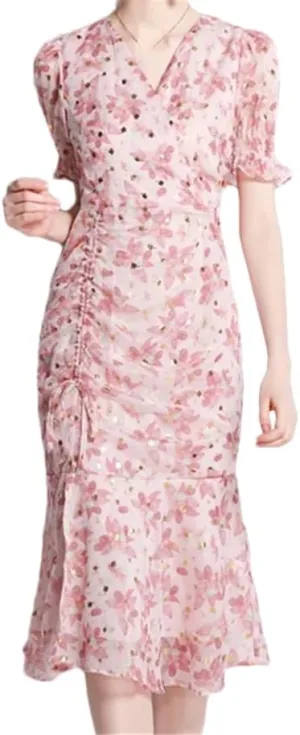 Women Chiffon Floral Fishtail Skirt V Neck Ruffle Midi Cocktail Dress