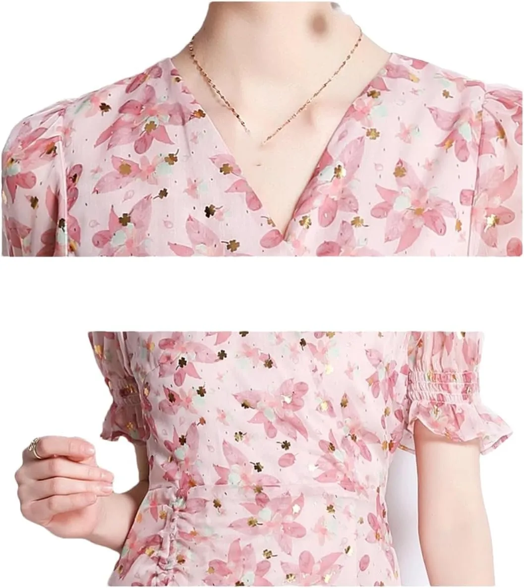 Women Chiffon Floral Fishtail Skirt V Neck Ruffle Midi Cocktail Dress