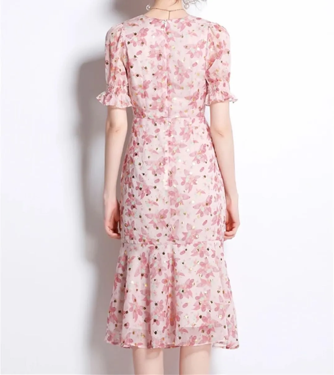 Women Chiffon Floral Fishtail Skirt V Neck Ruffle Midi Cocktail Dress