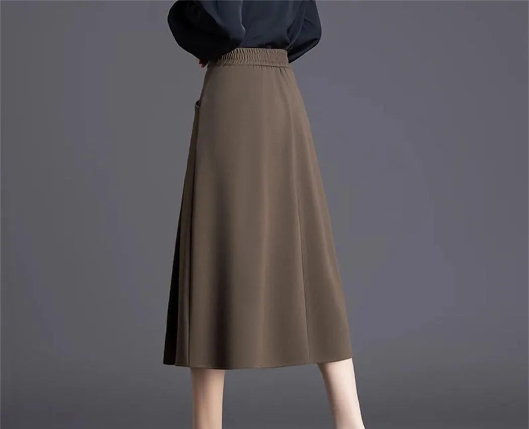 Women Elastic High Wasit A-Line Suit Skirt Office Lady Elegant Work Beach Vacation Long Skirts