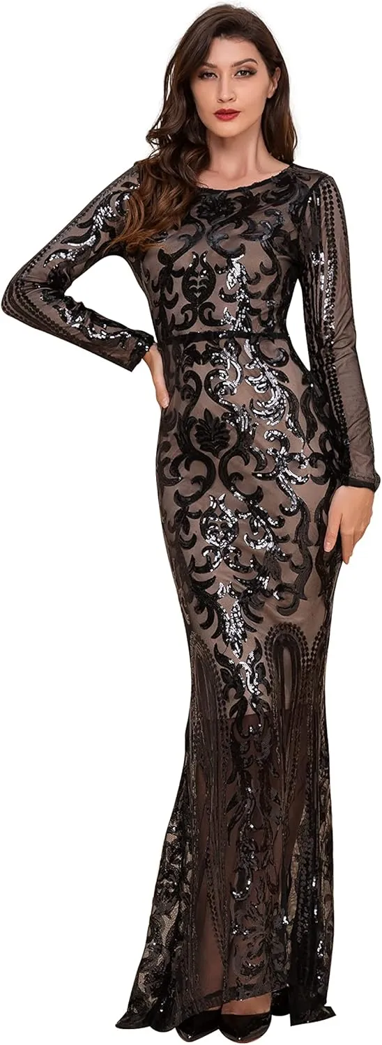 Women Evening Dress Sequin Long Sleeve Mermaid Crew Neck Cocktail Dress