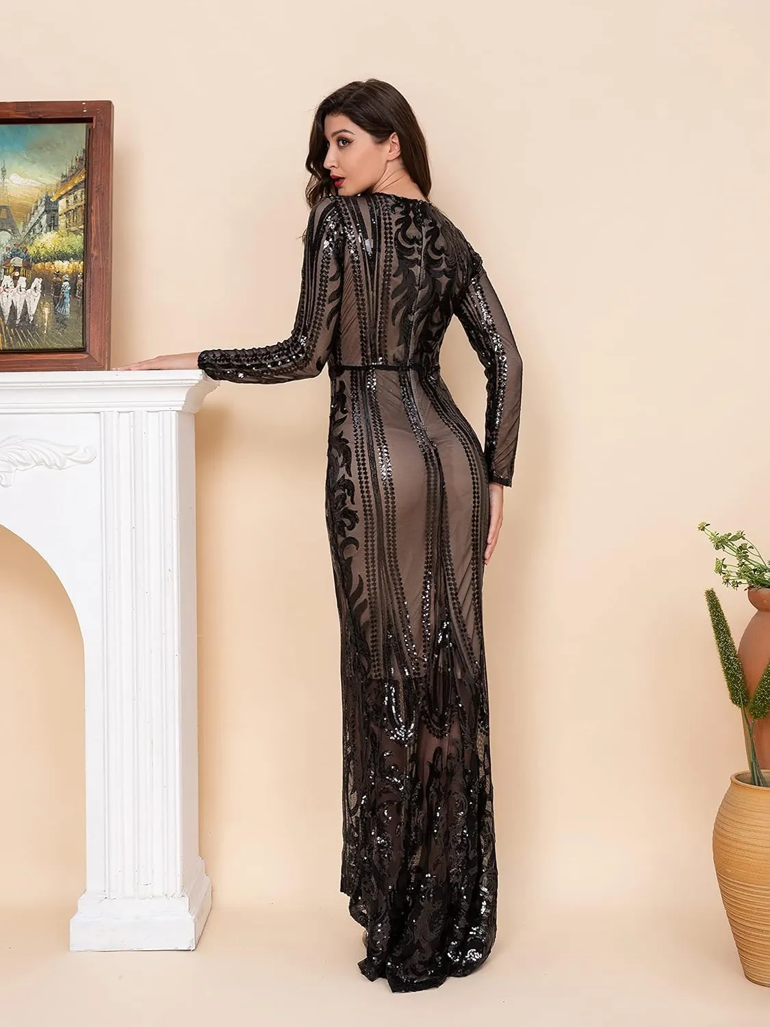 Women Evening Dress Sequin Long Sleeve Mermaid Crew Neck Cocktail Dress