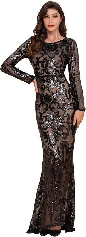 Women Evening Dress Sequin Long Sleeve Mermaid Crew Neck Cocktail Dress