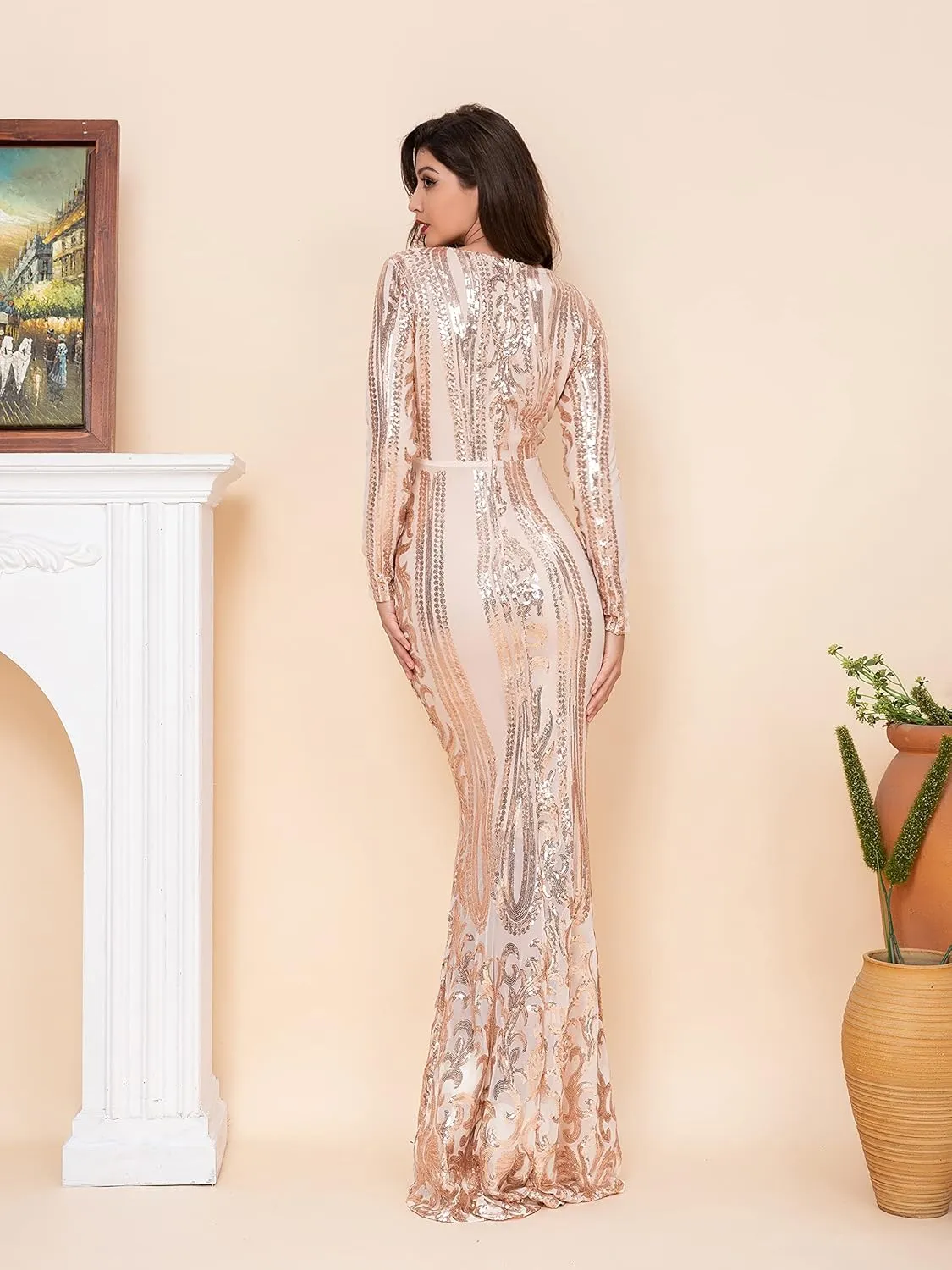 Women Evening Dress Sequin Long Sleeve Mermaid Crew Neck Cocktail Dress